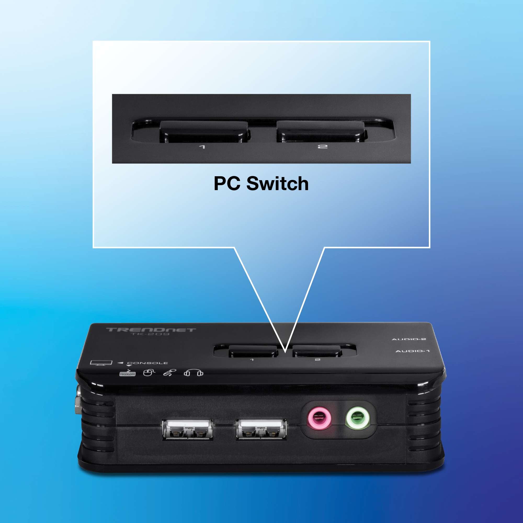 Commutateur KVM TRENDnet avec un bouton PC Switch central sur le dessus, deux ports USB et deux prises audio 3,5 mm sur le panneau avant, illustrés d’une vue aérienne légèrement inclinée.