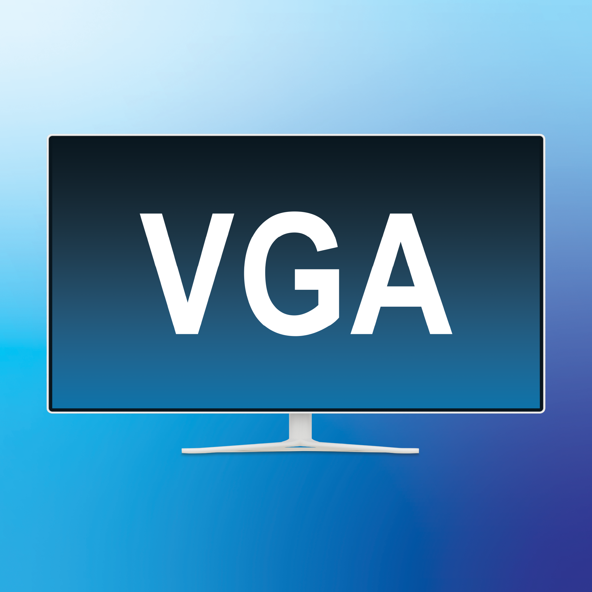 Moniteur à écran plat affichant l’acronyme VGA en grandes lettres blanches centrées sur un écran dégradé sombre, sur un fond bleu qui passe du bleu clair au bleu profond.