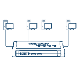 desenho de linha do switch KVM USB conectado a quatro computadores.