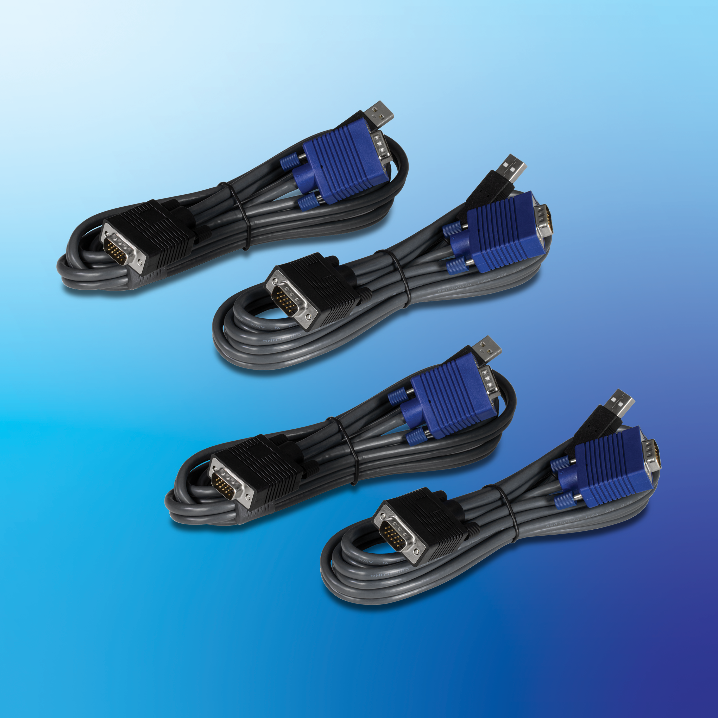 Four coiled cables on a gradient blue background, each with a blue 15-pin VGA connector and a USB connector, bundled with twist ties and arranged side by side for dual video and USB connectivity