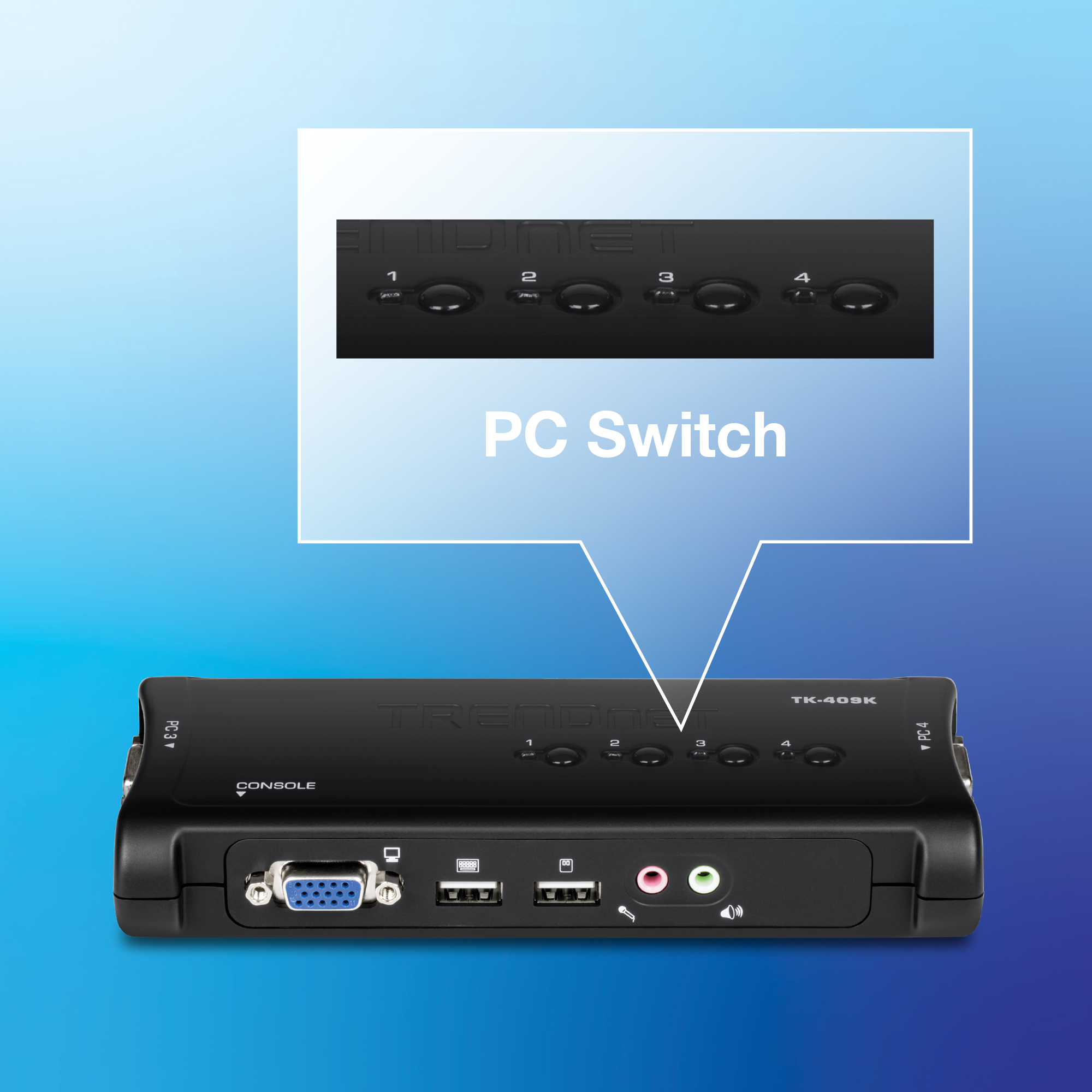 KVM switch with front panel buttons labeled 1 through 4 highlighted as PC selection controls, along with visible VGA, USB, and audio ports on the front of the device.