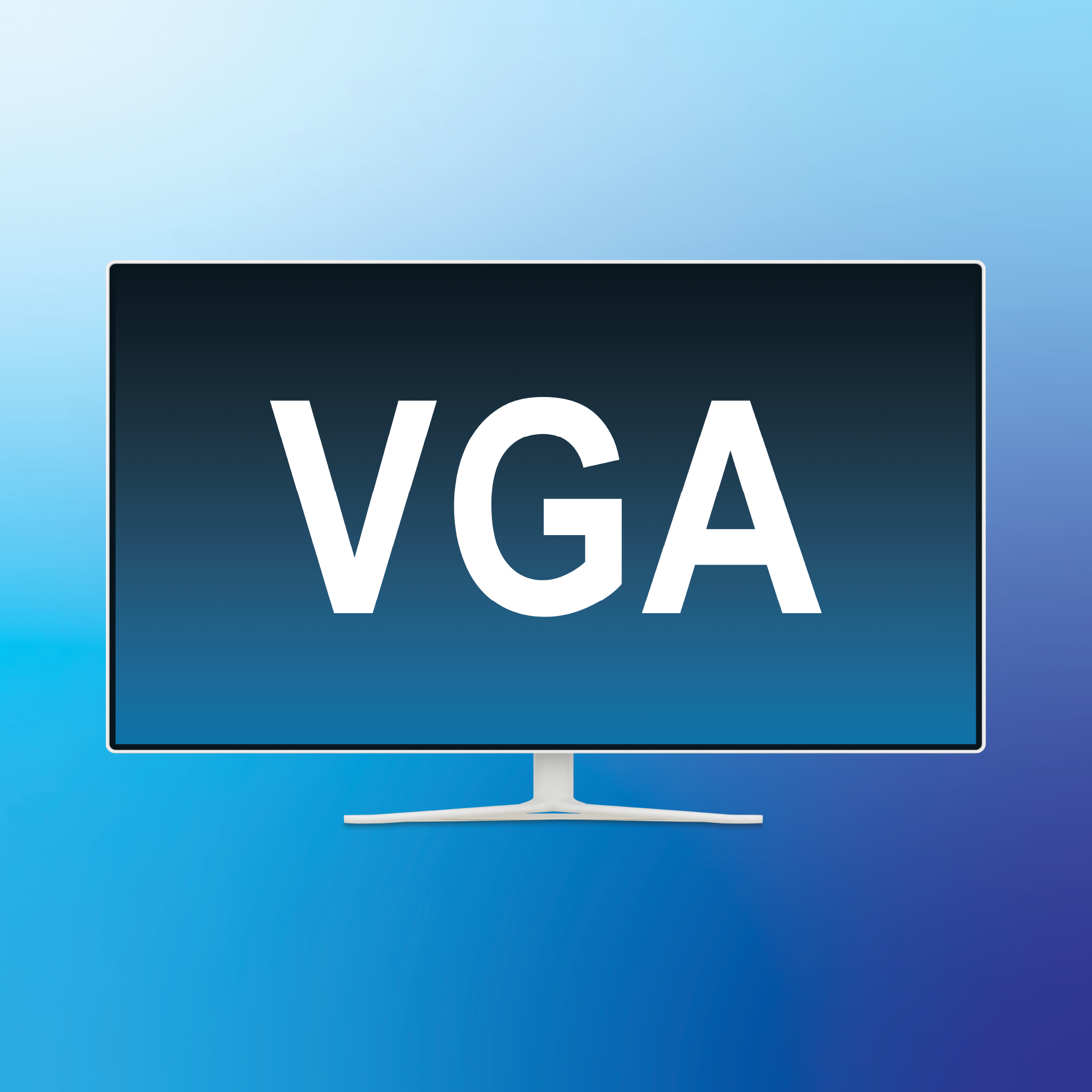 Computer monitor displaying the text VGA on a blue gradient background, representing VGA video output or resolution.