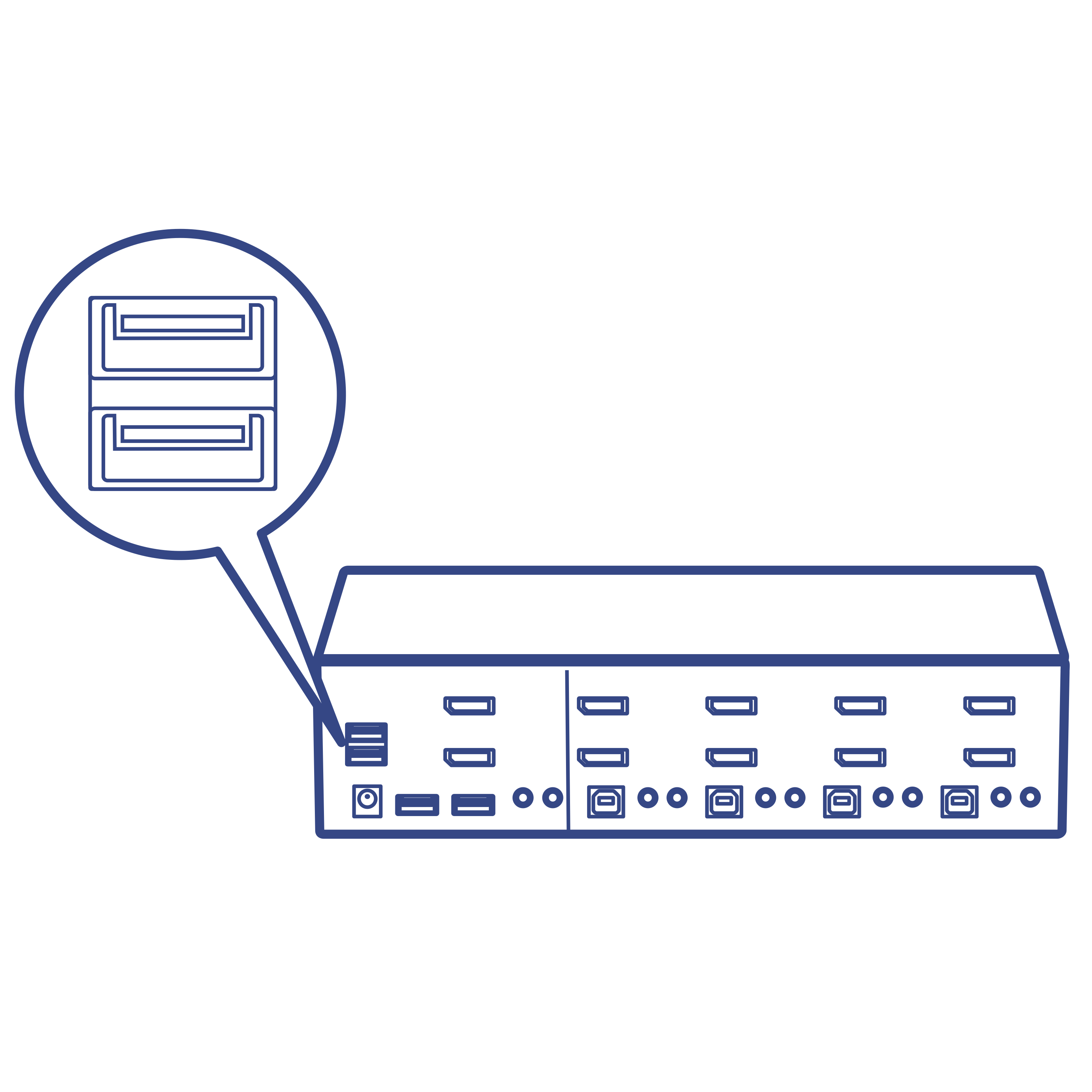 An illustration of the back of a KVM Switch with a USB port, showing in a speech bubble.