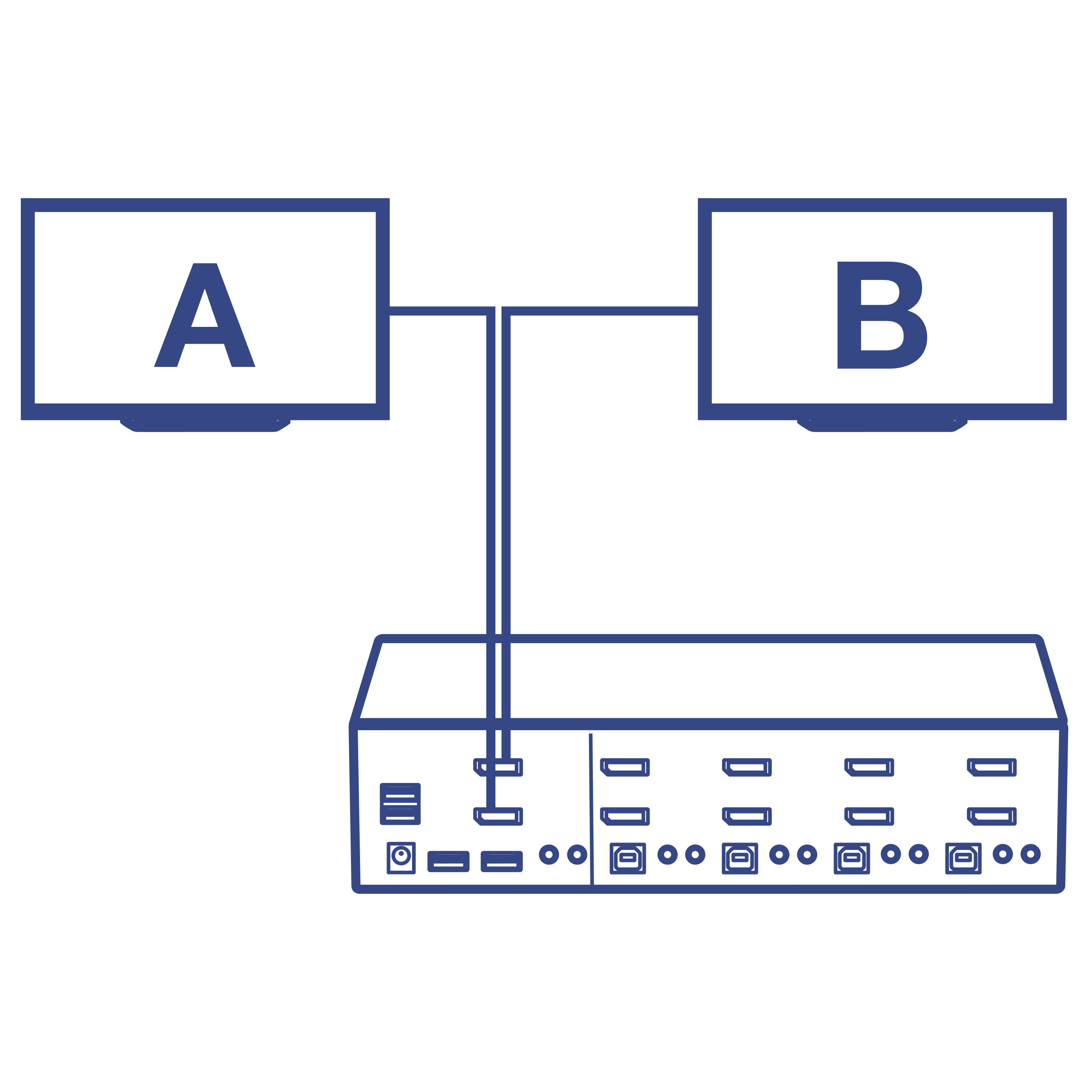 A schematic diagram illustrating a dual monitor system connected to a KVM Switch. Monitors ‘A’ and ‘B’ are labeled. Both monitors are connected to the KVM Switch via DisplayPort. The KVM Switch serves as a hub for managing both monitors.