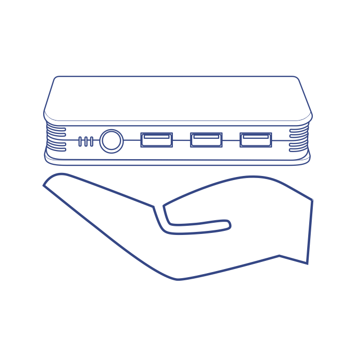 Line drawing of a KVM (Keyboard, Video, Mouse) switch resting on an open hand to demonstrate its compact size. The KVM switch has multiple ports on the front panel, indicating connectivity options.