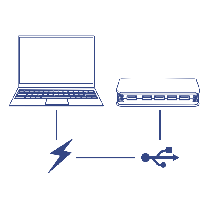 Line art of a laptop connected to a USB-powered KVM switch, with a lightning symbol indicating USB power.<.alt><div class=
