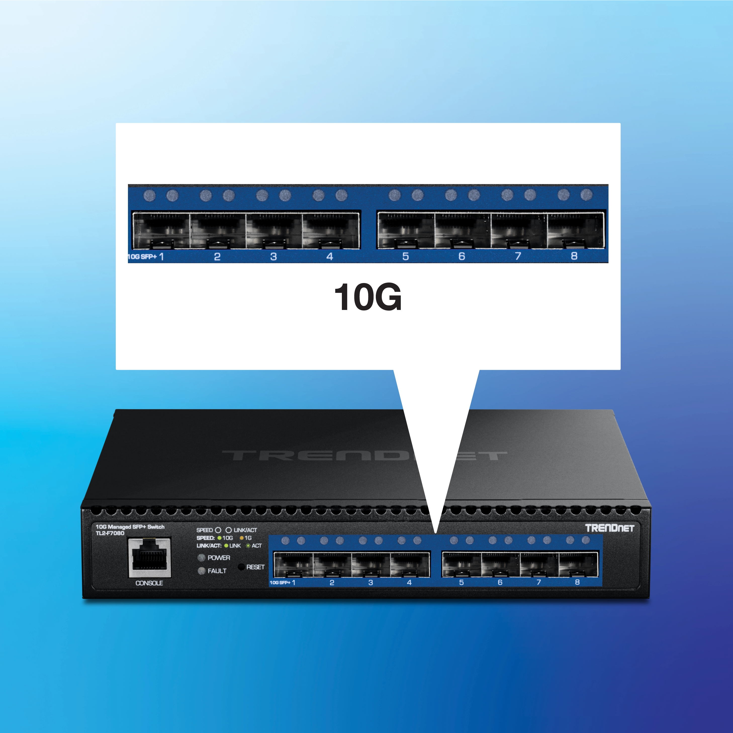 Lo switch TRENDnet 10G Managed SFP plus modello TL2-F7080 si trova su uno sfondo sfumato blu con otto porte numerate da 1 a 8, una porta console, indicatori LED per velocità e collegamento e pulsanti per l'errore e il ripristino dell'alimentazione.