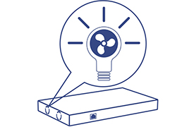 A rectangular device with a speech bubble emanating from it, containing an illustration of a Smart Fan emitting rays. The device has two circular ports on its front side, a small icon at the center of its front face, and integrates Smart Fans technology.