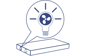 A rectangular device with a speech bubble emanating from it, containing an illustration of a Smart Fan emitting rays. The device has two circular ports on its front side, a small icon at the center of its front face, and integrates Smart Fans technology.