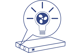 A rectangular device with a speech bubble emanating from it, containing an illustration of a Smart Fan emitting rays. The device has two circular ports on its front side, a small icon at the center of its front face, and integrates Smart Fans technology.