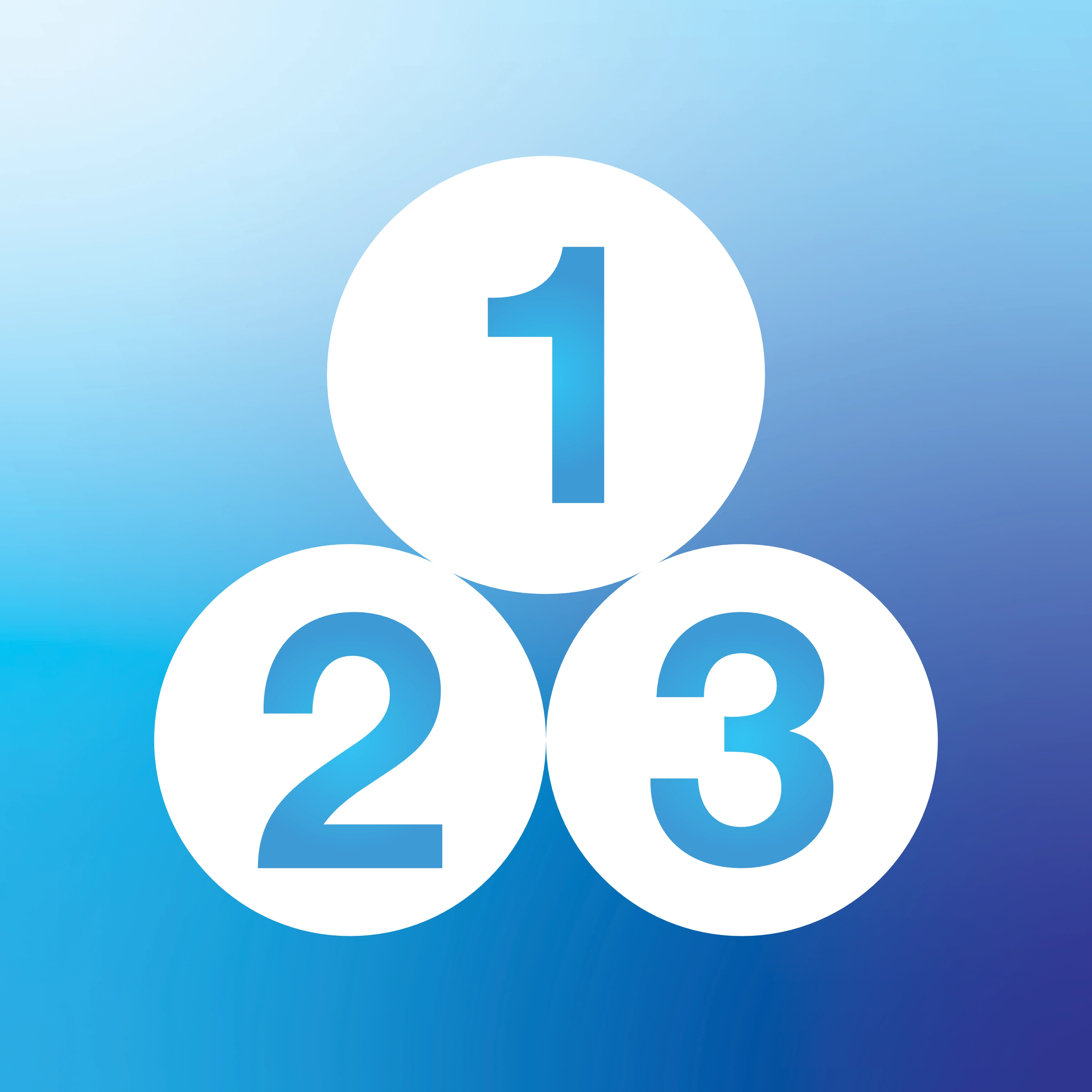 Trois cercles blancs disposés en triangle sur un fond bleu dégradé contiennent chacun un nombre bleu gras avec 1 en haut, 2 en bas à gauche et 3 en bas à droite.