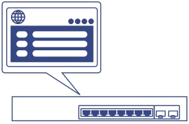 Line art of a Network switch with dashboard management speech bubble.