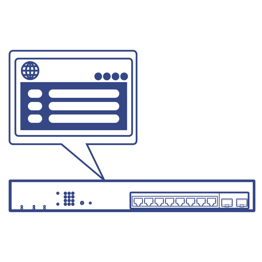 Line art of a Network switch with dashboard management speech bubble.