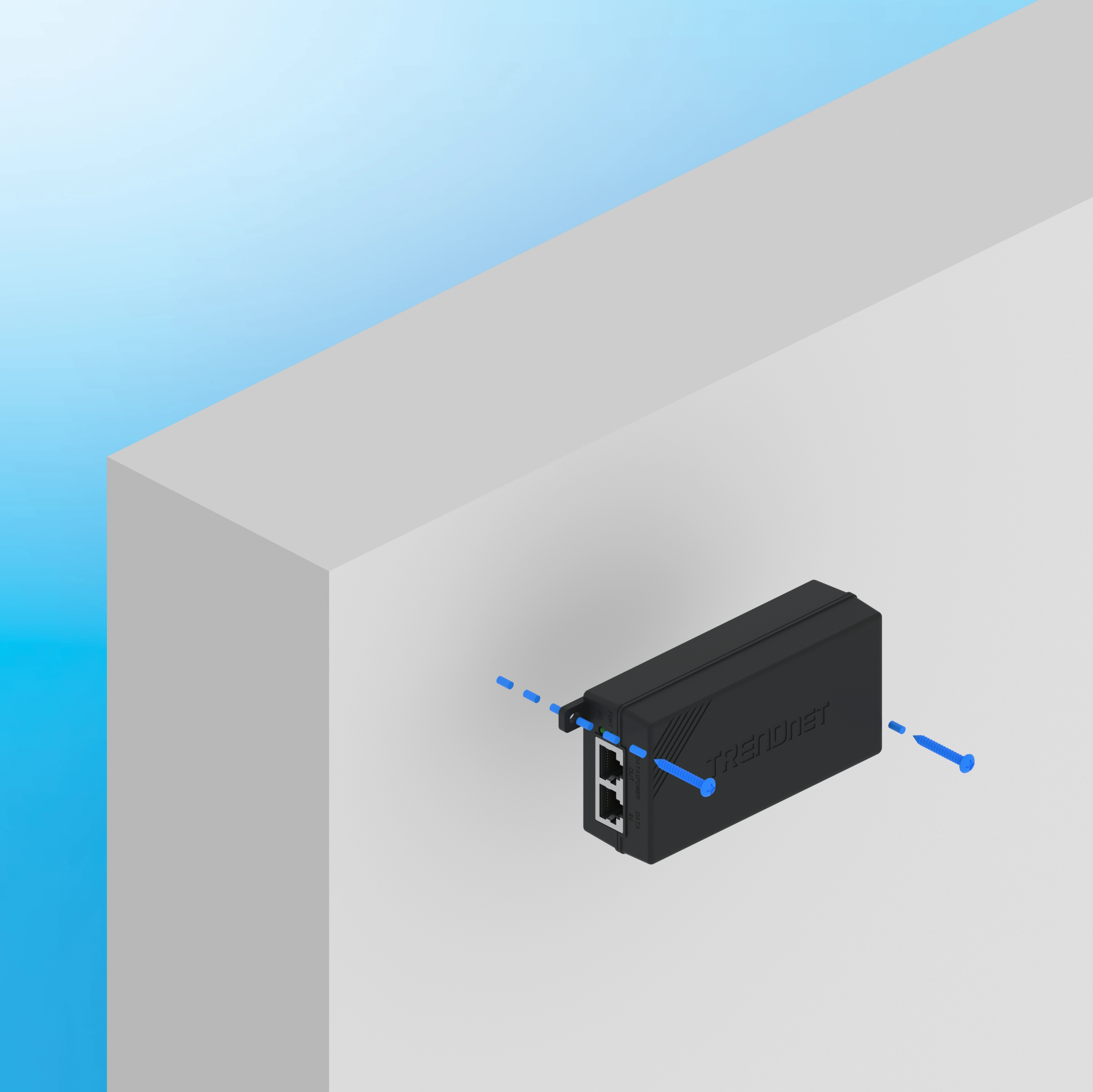 Black TRENDnet device is shown mounted horizontally on a wall with two blue screws indicated by dashed lines. A TRENDnet logo appears on the side.