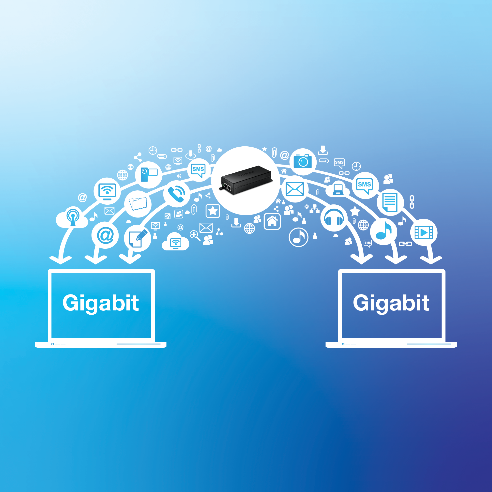 Illustration of a network cable labeled Full Duplex Gigabit with icons representing music, video, gaming, data transfer moving through the network.