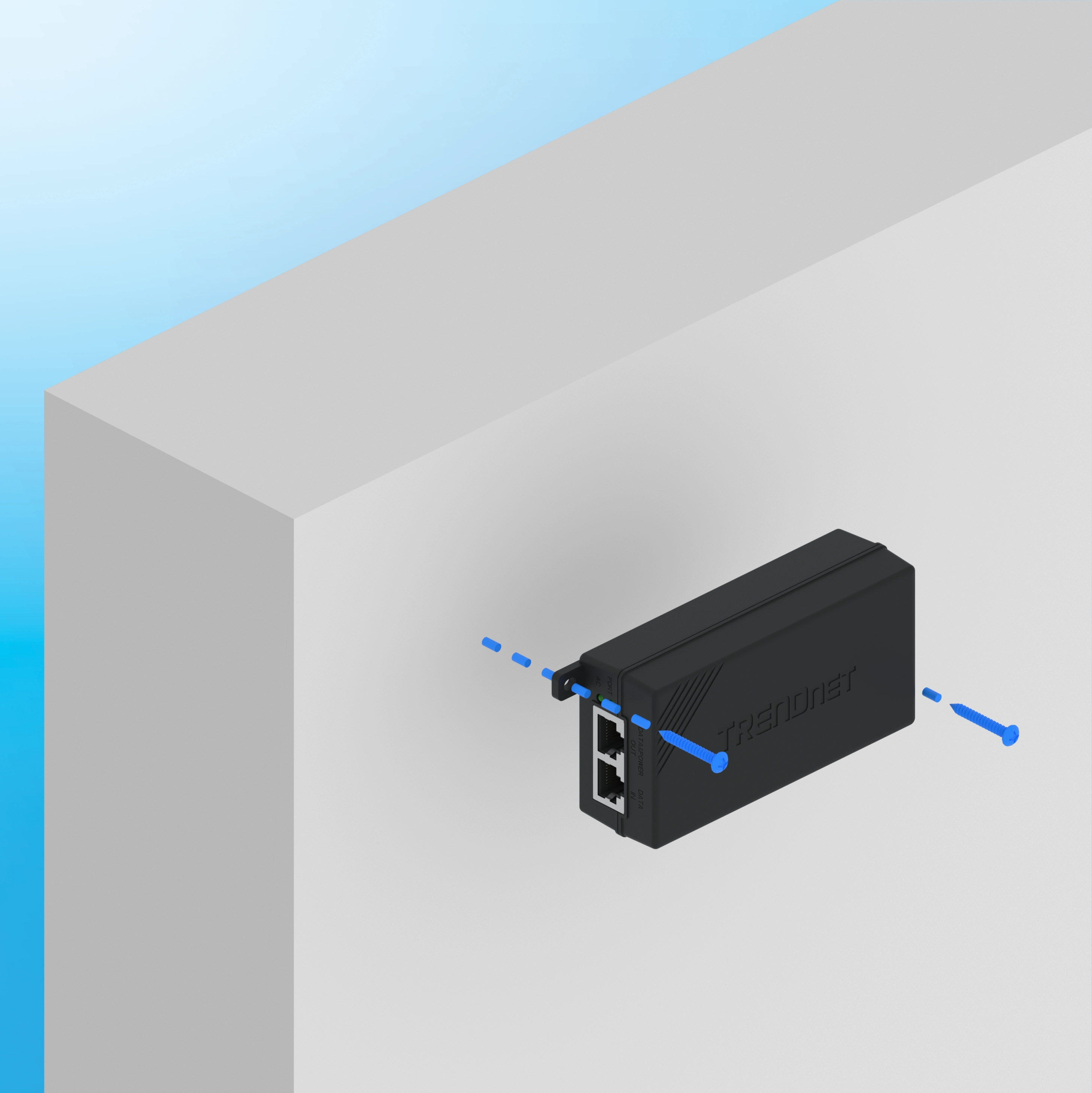 Black TRENDnet device is shown mounted horizontally on a wall with two blue screws indicated by dashed lines. A TRENDnet logo appears on the side.