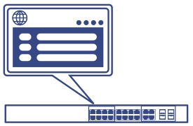 Line art of a Network switch with dashboard management speech bubble.
