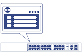 Line art of a Network switch with dashboard management speech bubble.
