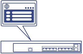 Line art of a Network switch with dashboard management speech bubble.