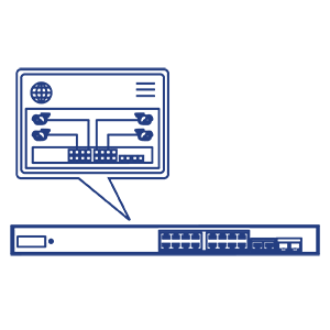 Line art of a Network switch with dashboard management speech bubble.
