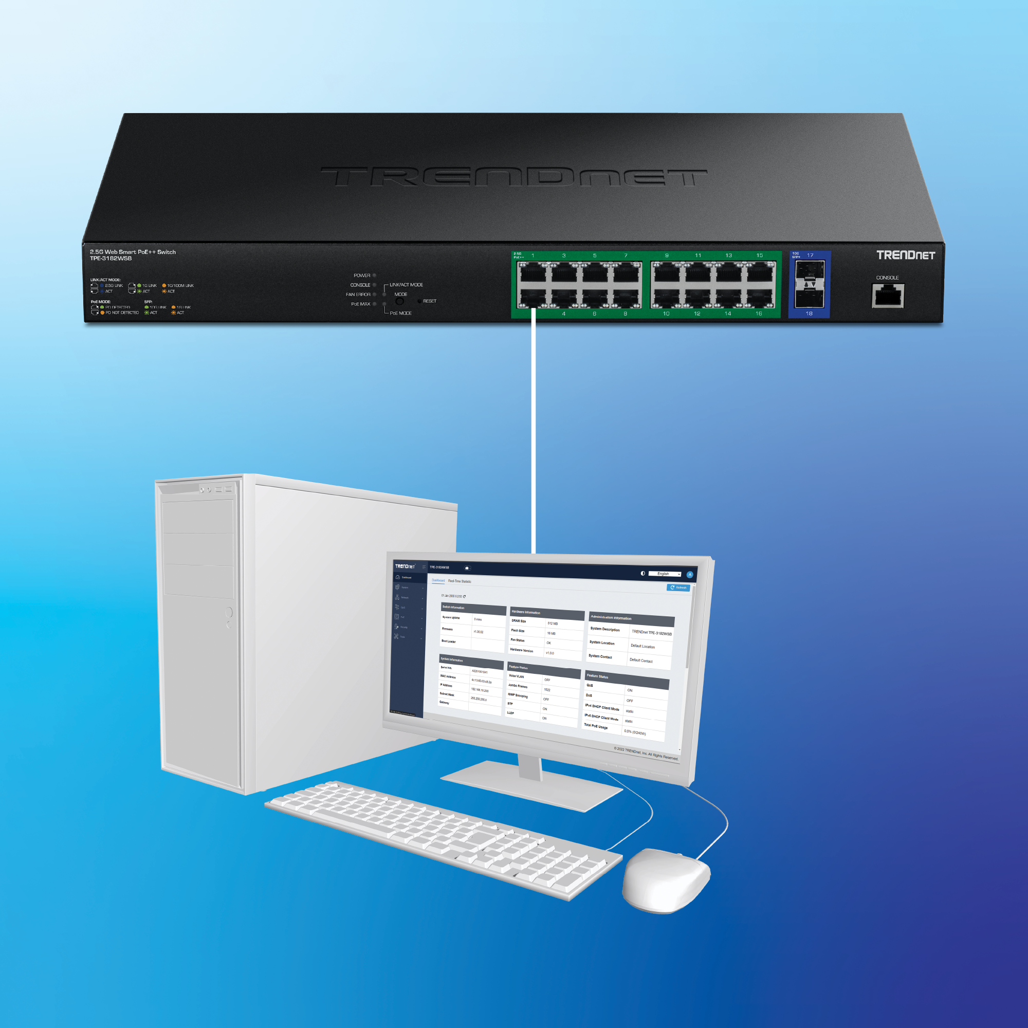 TRENDnet TPE-3182WSB 2.5G PoE++ Web Smart Switch connecté à un ordinateur de bureau affichant l’interface de gestion web du commutateur pour configurer et surveiller les paramètres réseau, les ports, le PoE et l’état du commutateur.