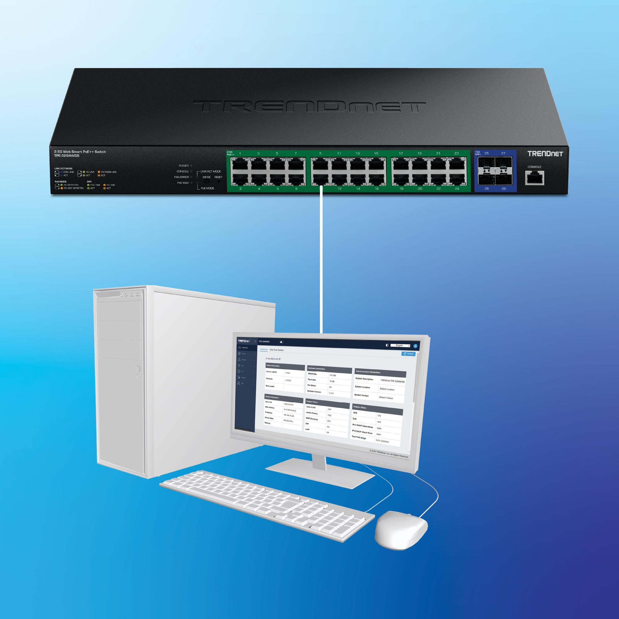 Commutateur TRENDnet TPE-3284WSB 2.5G PoE++ connecté à un ordinateur de bureau affichant l’interface de gestion web du commutateur pour configurer et surveiller les paramètres réseau.