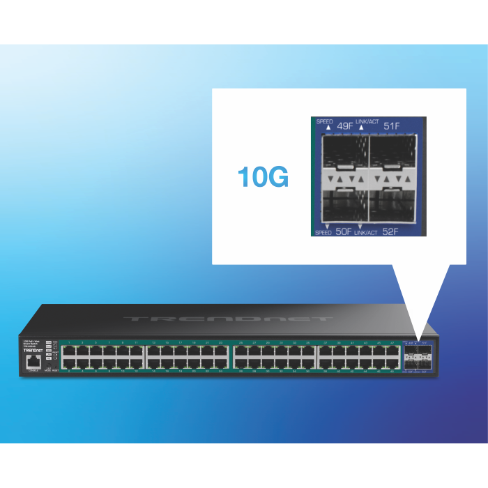 52-port network switch indicating 10G port speed.