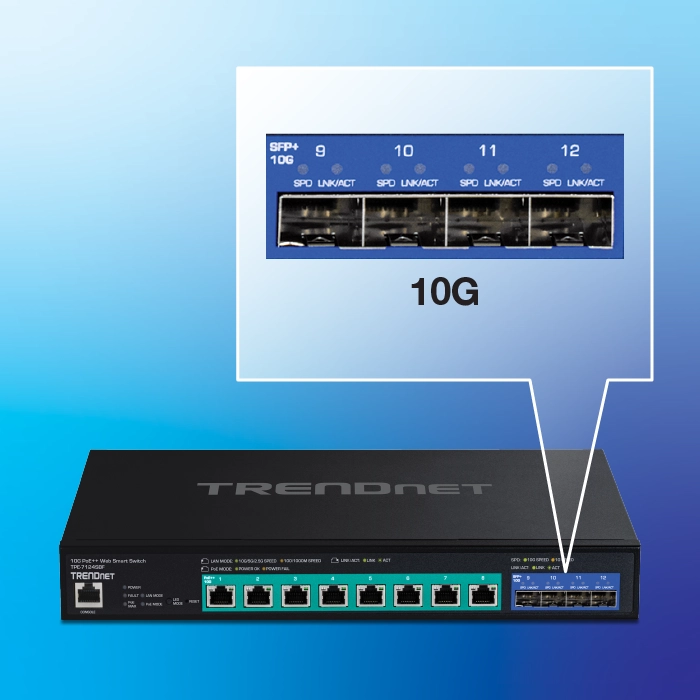 Se muestra un conmutador de red TRENDnet con ocho puertos Ethernet y cuatro puertos SFP+ 10G. Los puertos Ethernet están etiquetados del 1 al 8, y los puertos SFP+ están etiquetados del 9 al 12, lo que destaca su capacidad 10G. El interruptor es negro con un fondo azul, con el logotipo de TRENDnet en un lugar destacado en la parte superior. Una vista de cerca enfatiza las opciones de conectividad de alta velocidad disponibles en el switch.