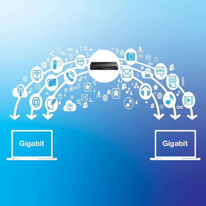 Network device facilitating gigabit data transfer between two laptops, with icons representing various data types like email, music, and video.