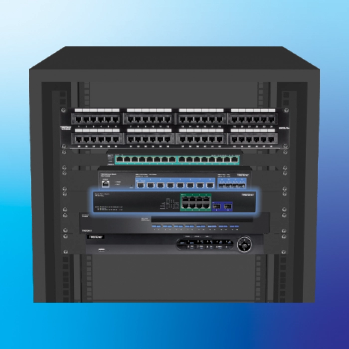 Server rack with network switch featuring numerous ports.
