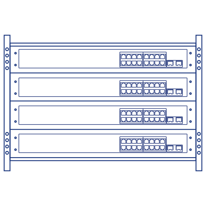 A rack-mounted setup with four network switches, each featuring multiple Ethernet ports and additional smaller ports, is depicted. The switches are uniformly aligned within the rack, showcasing a structured and organized network hardware configuration.