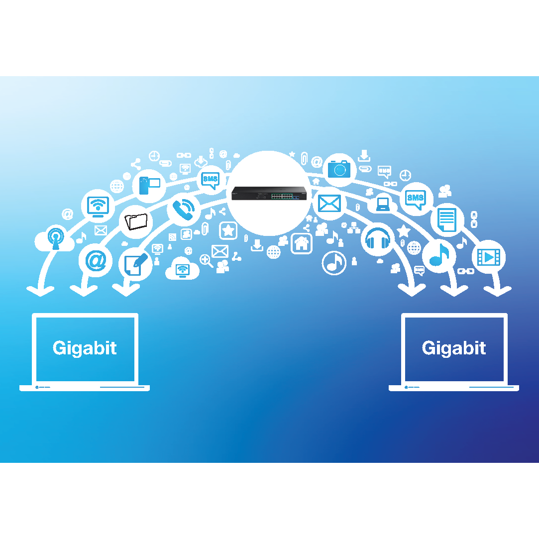 Network device facilitating gigabit data transfer between two laptops, with icons representing various data types like email, music, and video.