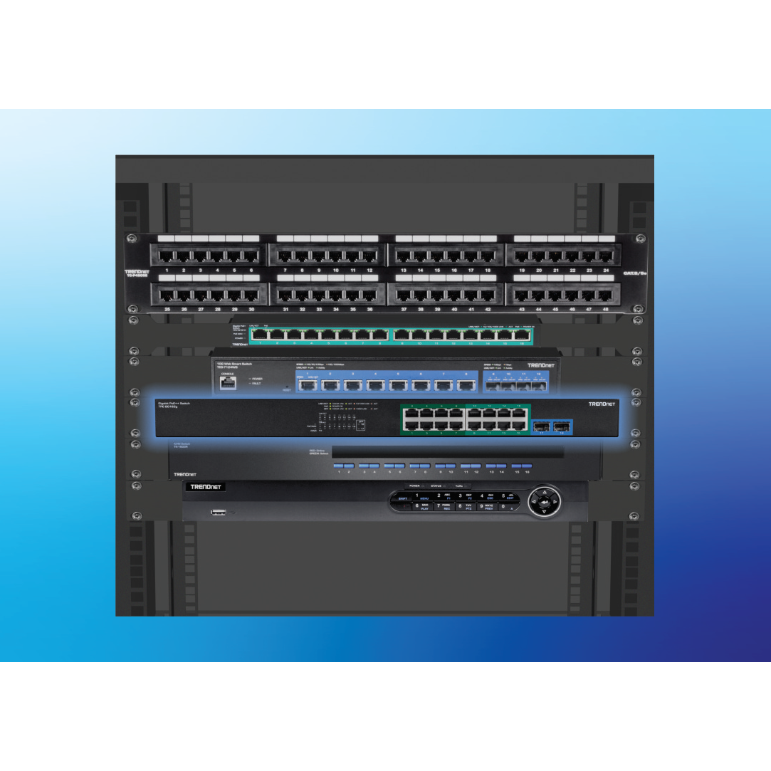Server rack with network switch featuring numerous ports.