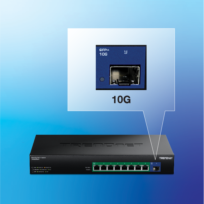 10G SFP+ port on a sleek network switch, designed for high-speed connections. The port is accompanied by a caption highlighting its capabilities for uplinks or downlinks, suitable for long-distance networking.