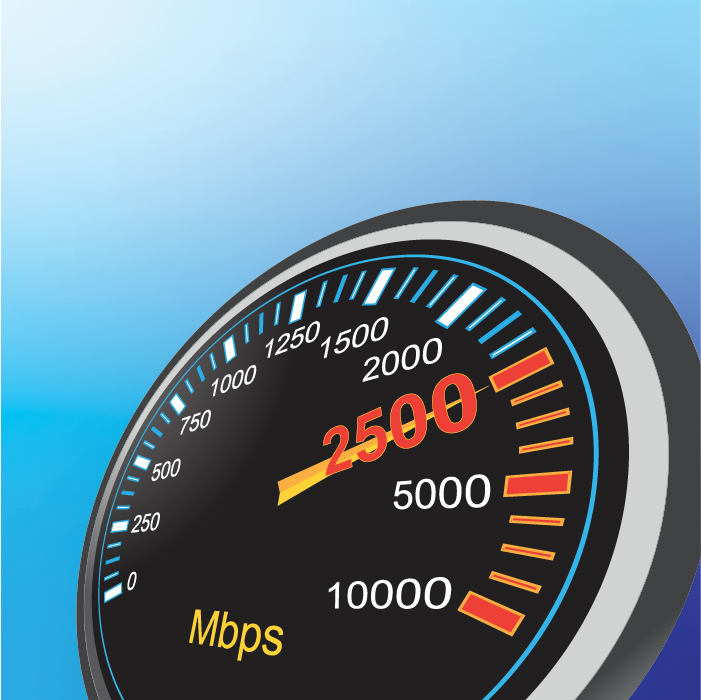 A gauge with a black background and blue gradient outer area displays speeds measured in Mbps, marked from 0 to 10000. The needle points to 2500 Mbps, highlighted in red and yellow. Yellow text at the bottom indicates the unit of measurement.