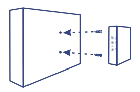 Diagram showing instructions for wall mounting an object. It depicts a wall on the left and a rectangular object on the right, with two screws positioned to be inserted into the wall through the object.