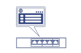 Line art of a Network switch with dashboard management speech bubble.
