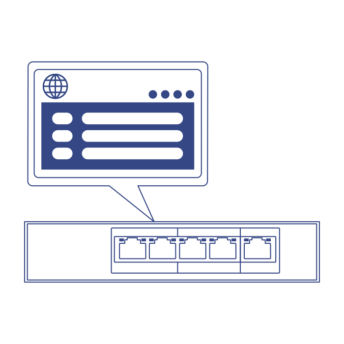 Line art of a Network switch with dashboard management speech bubble.