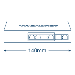 Ilustração de arte de linha de um switch Fast Ethernet PoE+ de 6 portas visto de frente. O switch possui seis portas para cabos Ethernet e mede 140 mm de largura.