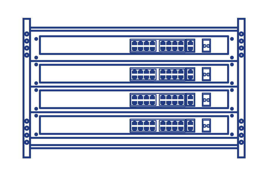 A rack-mounted setup with four network switches, each featuring multiple Ethernet ports and additional smaller ports, is depicted. The switches are uniformly aligned within the rack, showcasing a structured and organized network hardware configuration.