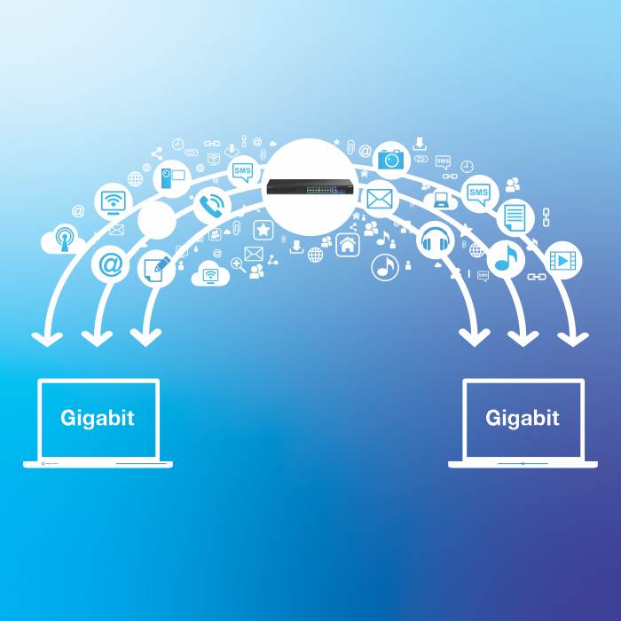 Dispositivo de rede que facilita a transferência de dados gigabit entre dois laptops, com ícones que representam vários tipos de dados, como e-mail, música e vídeo.