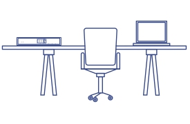 Line drawing of a modern workspace with a desk, office chair, router, and laptop.