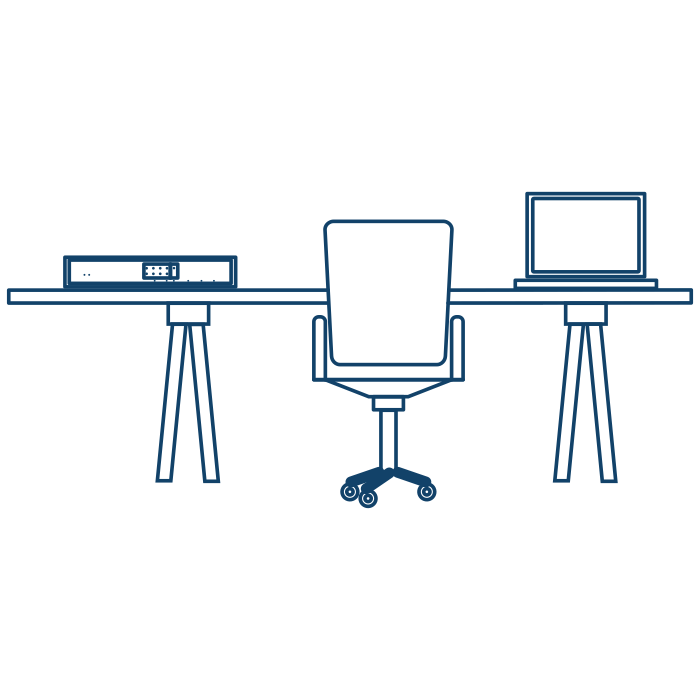 Strichzeichnung eines modernen Arbeitsplatzes mit Schreibtisch, Bürostuhl, Router und Laptop.