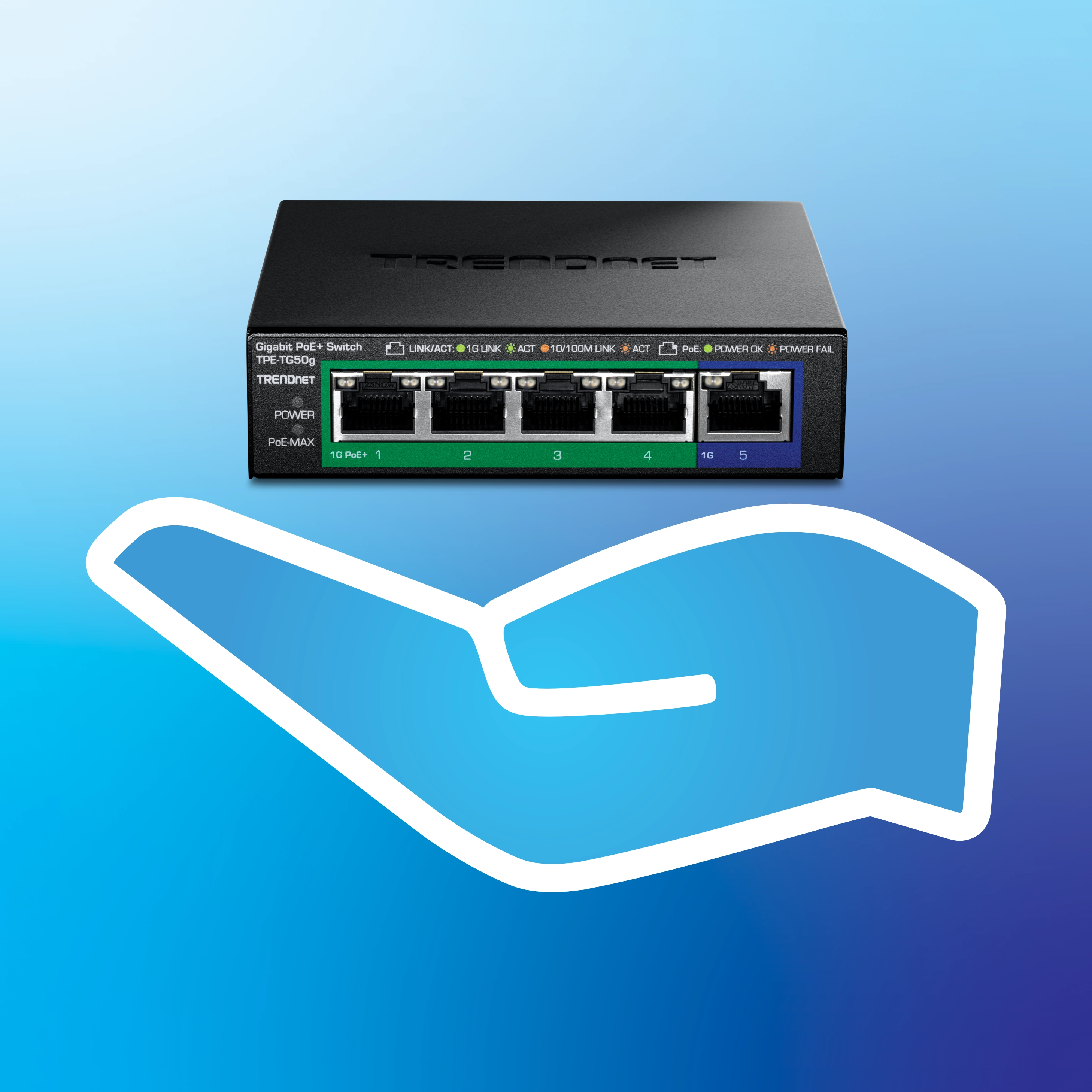 Network switch Ethernet ports is shown above a stylized hand graphic, set against a blue gradient background to highlight its compact footprint and space-saving design.