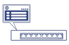 Line art of a Network switch with dashboard management speech bubble.
