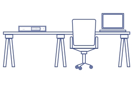 Line drawing of a modern workspace with a desk, office chair, router, and laptop.