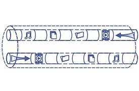 Illustration of a network cable with icons representing music, video, data transfer moving through the network.