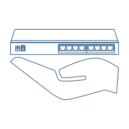 Uma mão enfatizando o tamanho pequeno do switch ethernet de 8 portas.
