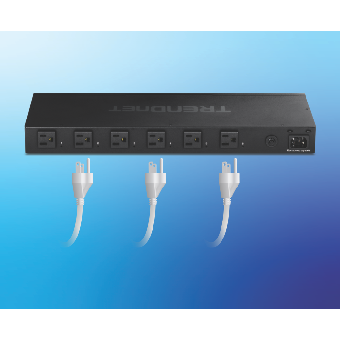TRENDnet Power Distribution Unit with six outlets, three plugs ready to be plugged in.
