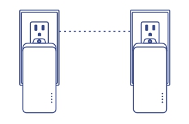 Two TRENDnet Powerline adapters are plugged into electrical outlets and connected wirelessly, as shown by the dotted line between them. The adapters feature a simple design with indicator lights, demonstrating the ease of installation and automatic connection.